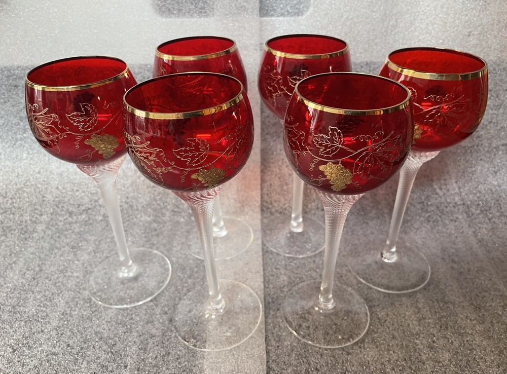 6 Vintage Bohemian Ruby Red Crystal Wine Glasses, Gilded Grapes & Rim, VGC, 7”H