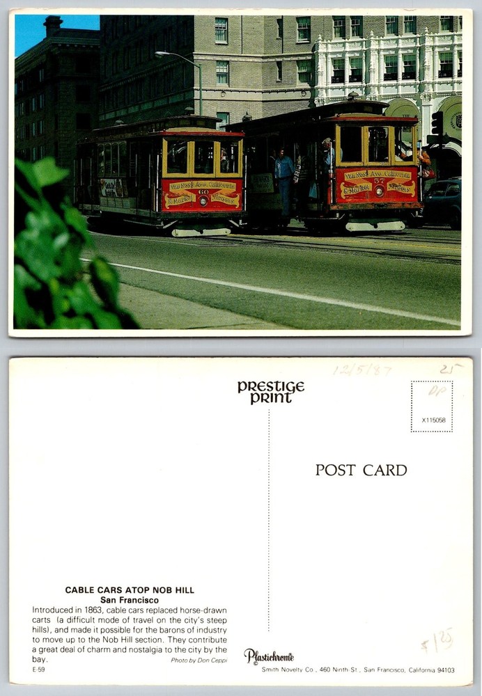 San Francisco Cable Cars Nob Hill Van Ness Ave Market Street Postcard 1987