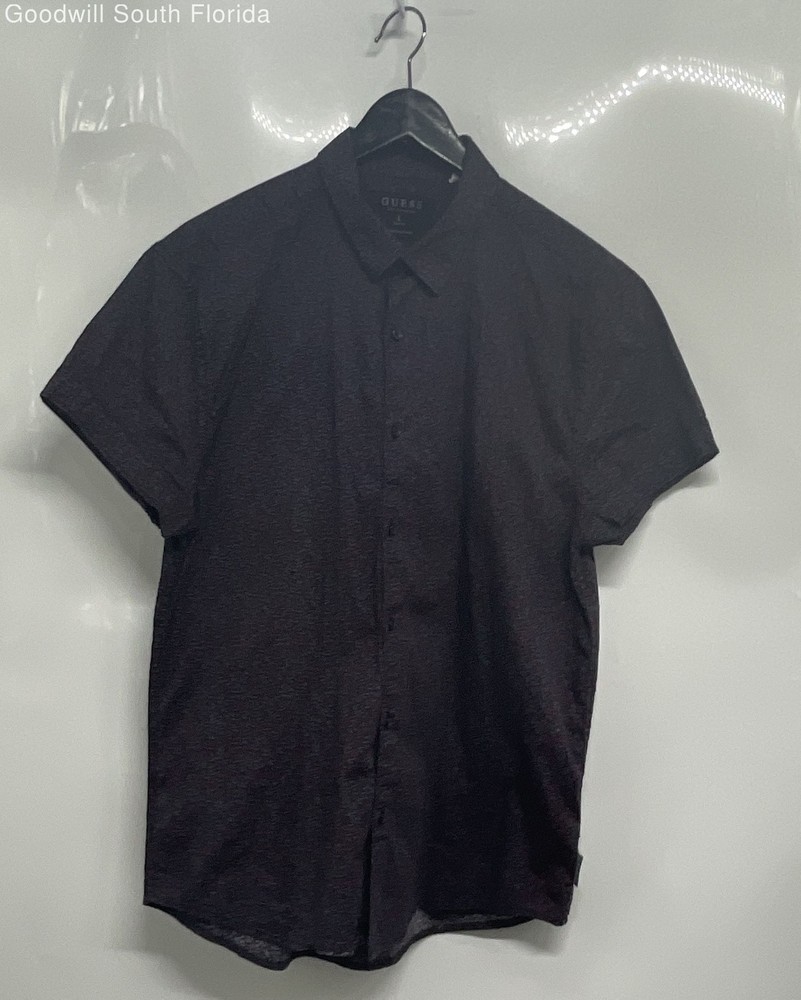 Guess Mens Black Floral Slim Fit Short Sleeve Collared Button-Up Shirt Size L