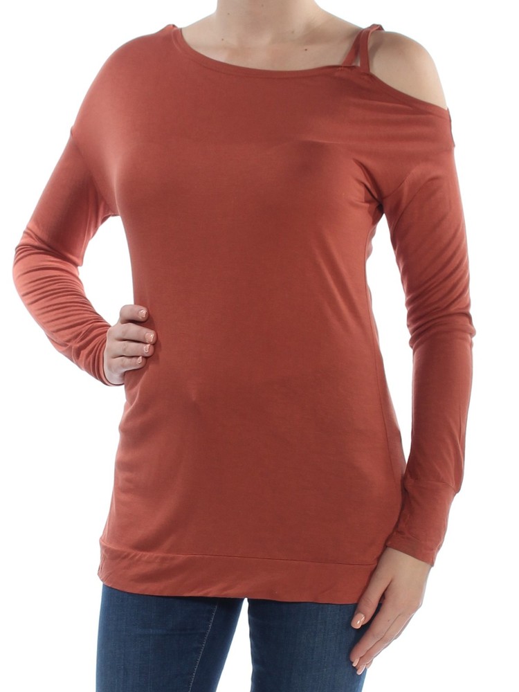 BAR III Womens Brown One Shoulder Long Sleeve Jewel Neck Top M