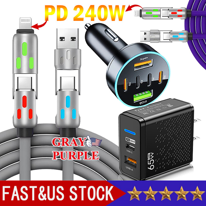 4 in 1 USB C Cable 240w Fast Charging & Data Sync Multi Silicone RGB Charge Cord