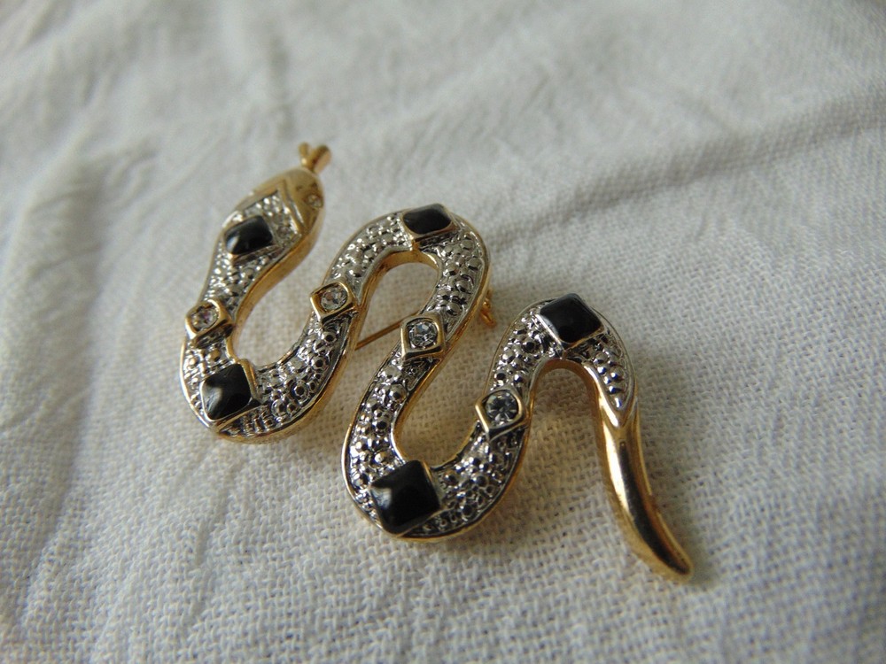 vintage clear crystals black enamel gold silver tone snake brooch