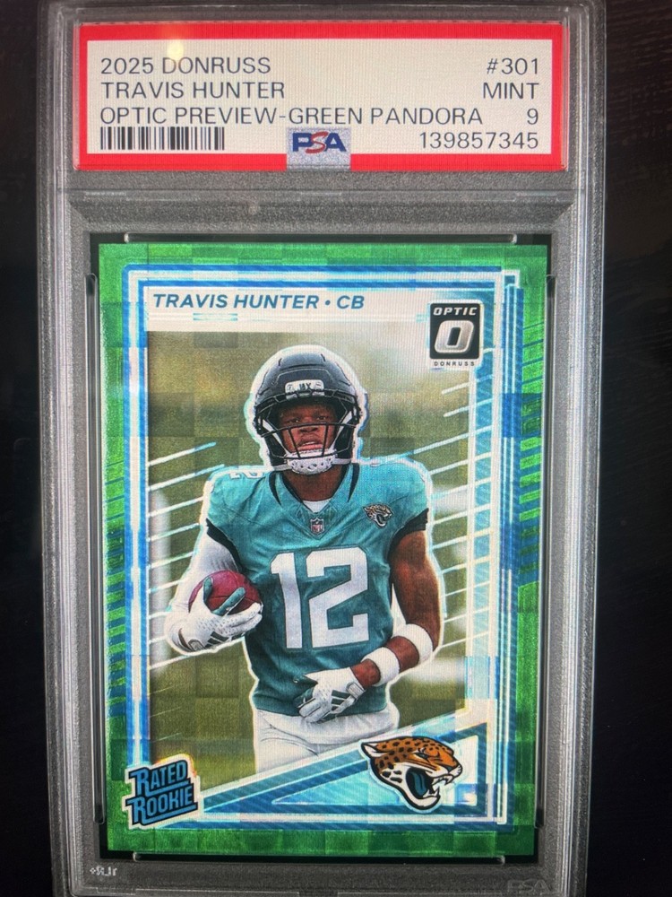 2025 Donruss Optic Preview Travis Hunter Rated Rookie Green Pandora 22/25 PSA 9