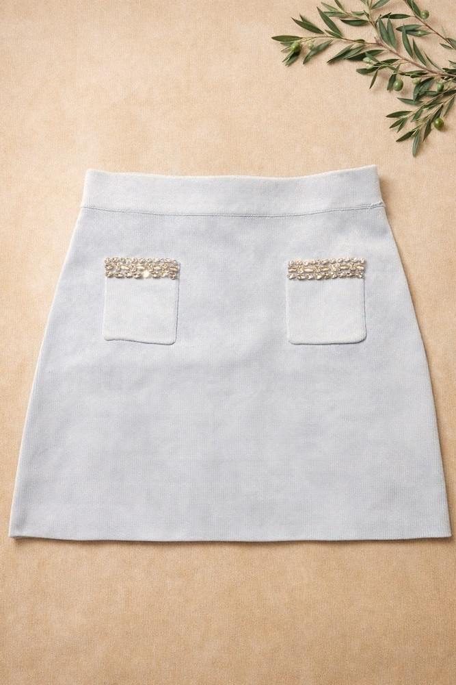 Zara Knit Light Blue Beaded Pocket High Rise A-Line Short Skirt Size M