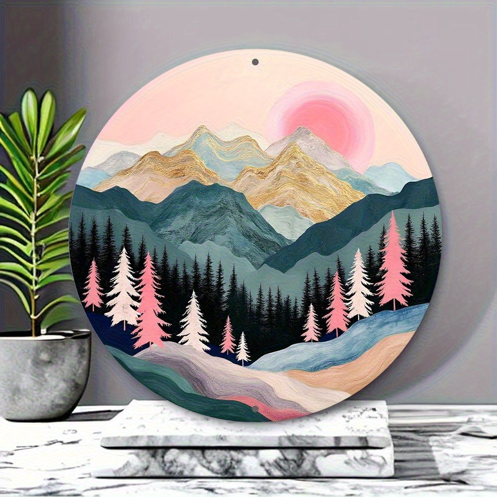 8-Inch Round Serene Mountain View Aluminum Wall Art Pine Trees
