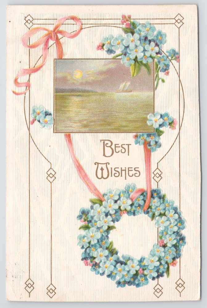 Greetings~Forget Me Not Wreath & Lake Scene Best Wishes~Vintage Postcard