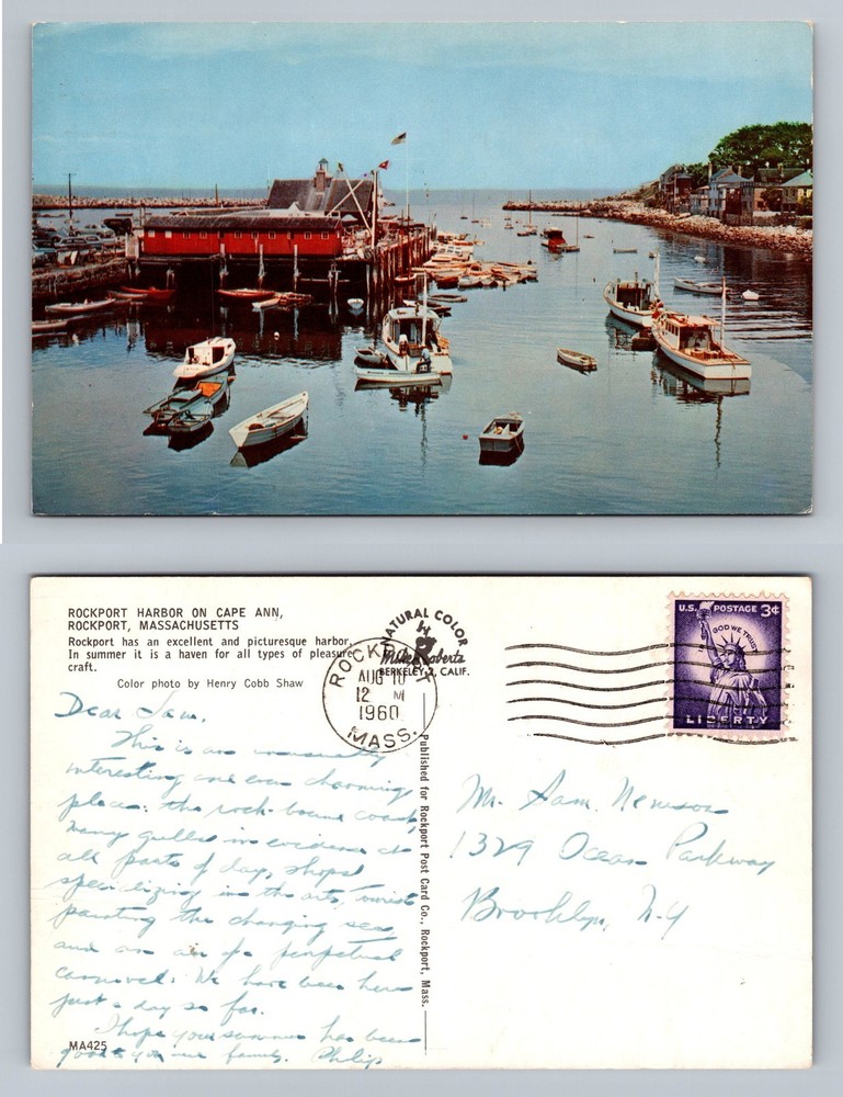 Rockport, Massachusetts, Cape Ann Harbor Boats Scene Old Vintage c1960 Postcard