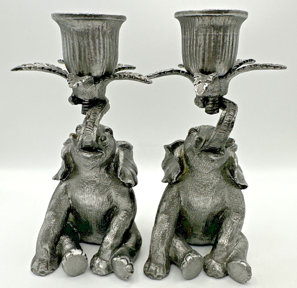 Vintage Style Elephant Candle Holders Pair-Silver Resin Figurine Trunk up