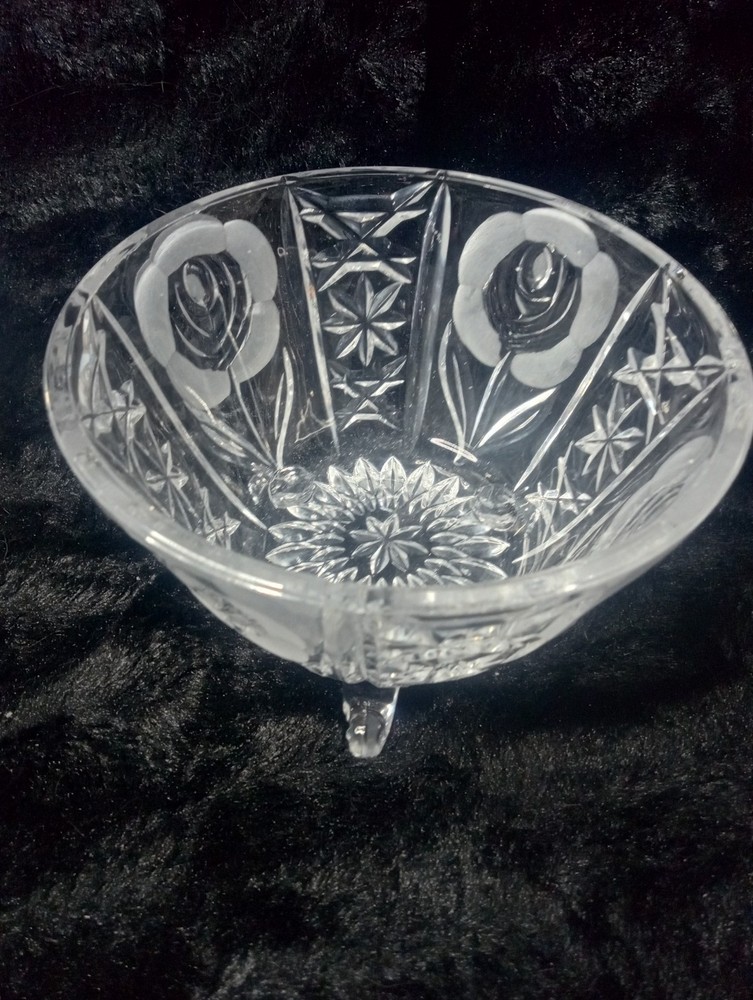 Bavarian Crystal Candy Serving Dish Vintage Three Footed Cut to Clear Etched