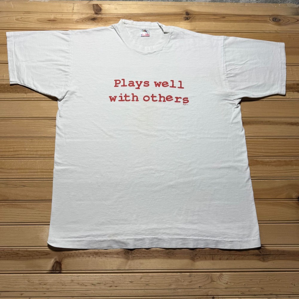 Vintage 90s Plays Well With Others Humor Funny Slogan Graphic T-Shirt USA - XL
