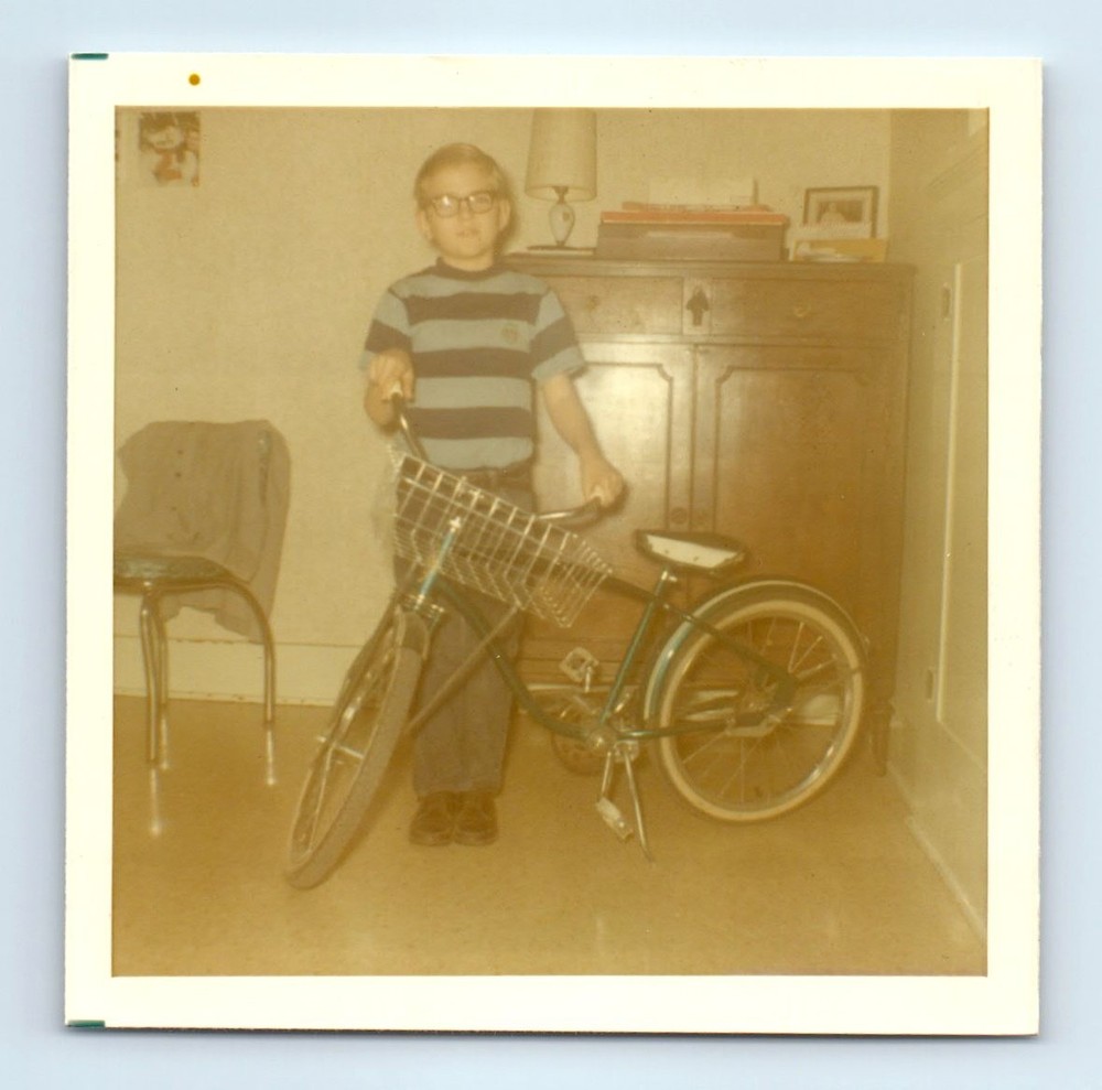 Old Vintage Square Color Photo SOLO BOY GLASSES BICYCLE IN LIVING ROOM PIC