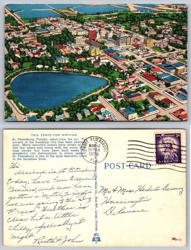 1959 St. Petersburg Florida Aerial View Postcard Sunshine City