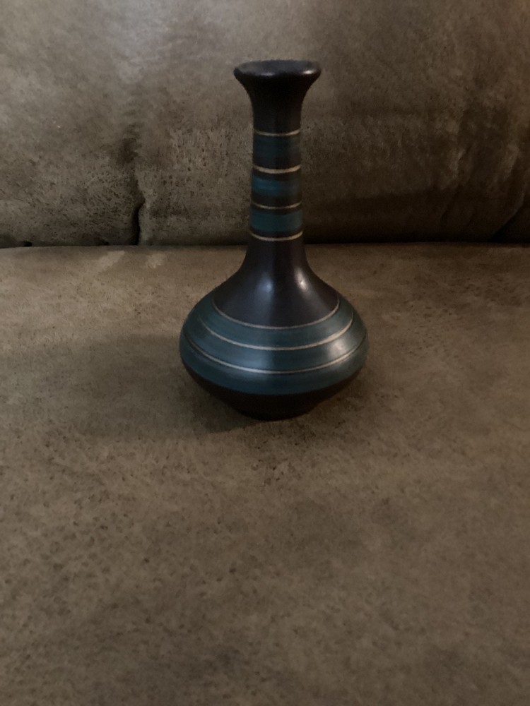 Vintage Studio Pottery Vase Brown Matte Green Bands Signed Mid Century Modern