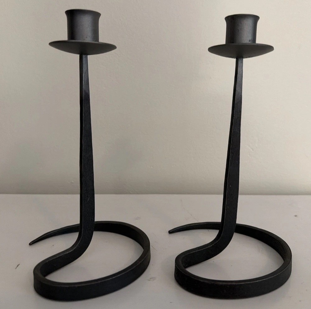 Lance Cloutier Brutalist MCM Hand-Forged Wrought Iron Spiral Candlesticks Pair