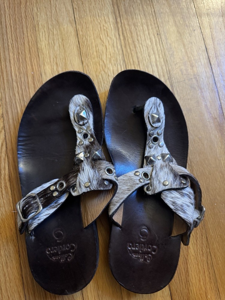 Calleen Cordero Women's Studded Flat Sandals Size 8 with Animal Print Strap