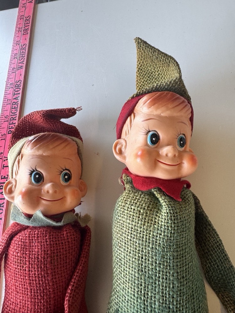 2 Vintage Christmas Red & Green Pixie Elf Rubber Face Knee Hugger