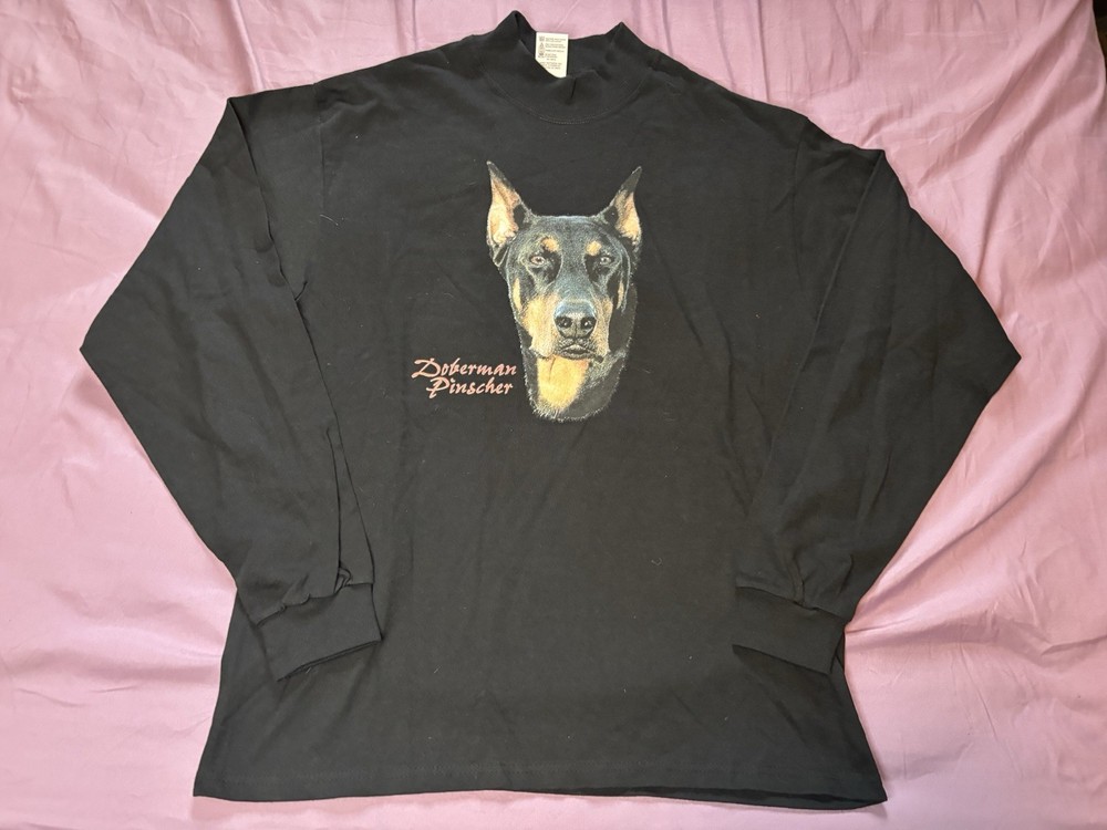 Vintage Doberman Pinscher Shirt Mens Large Black Long Sleeve Mock Neck Dog USA