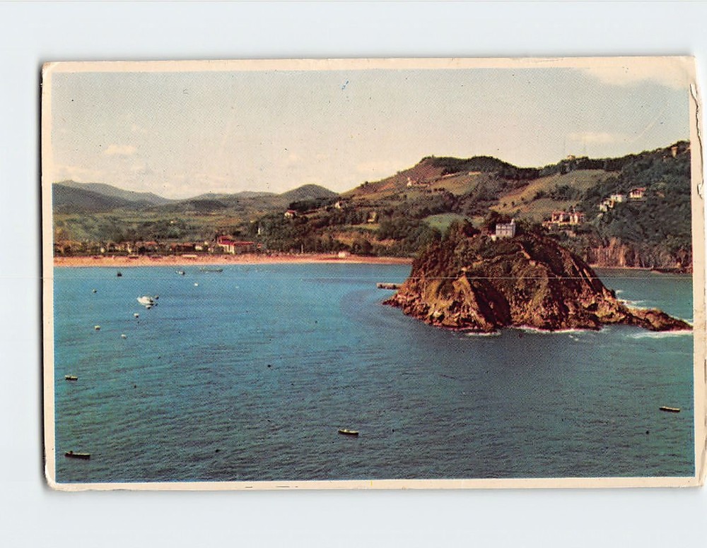 Postcard Saint Clara Island and Ondarreta beach San Sebastian Spain