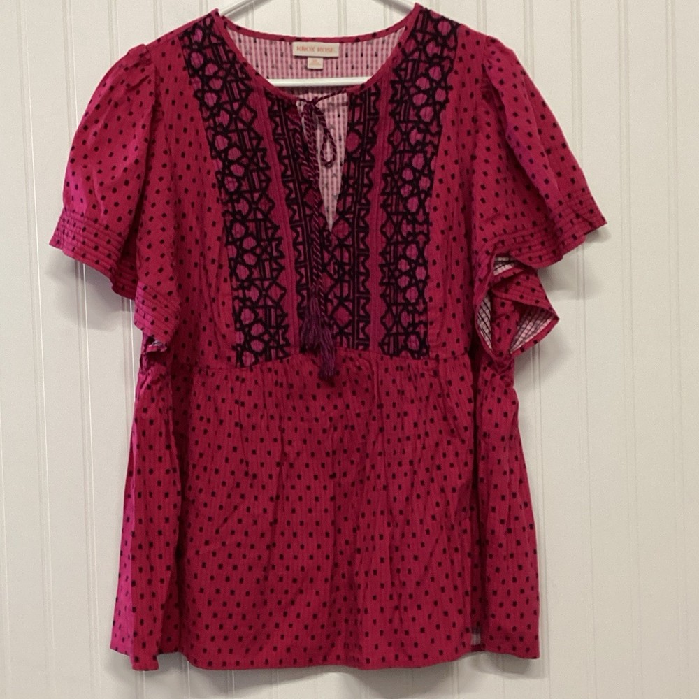 Knox Rose Womens Pink Round Neck Flutter Sleeve Polka Dot Boho Blouse Top Sz XXL