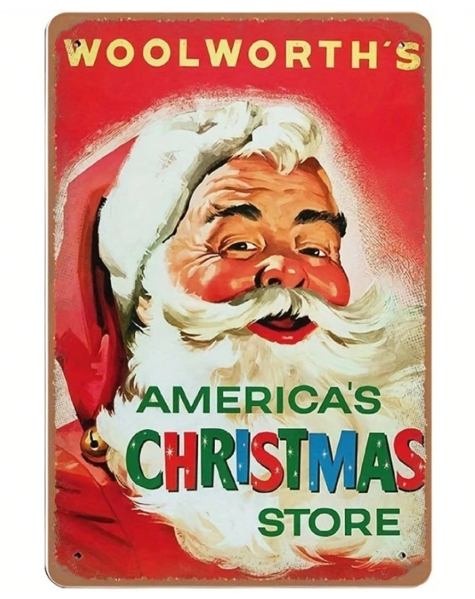Vintage 1950s Santa Claus Christmas Tin Sign - Woolworth's America's Christmas S