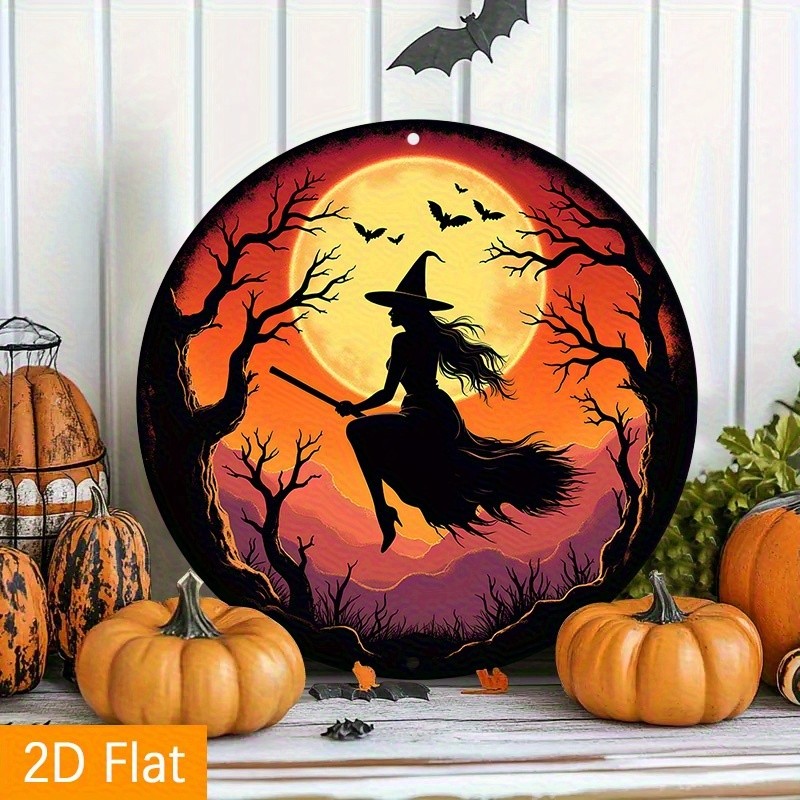 Halloween Witch Flying on Broomstick Full Moon Bats Metal Sign