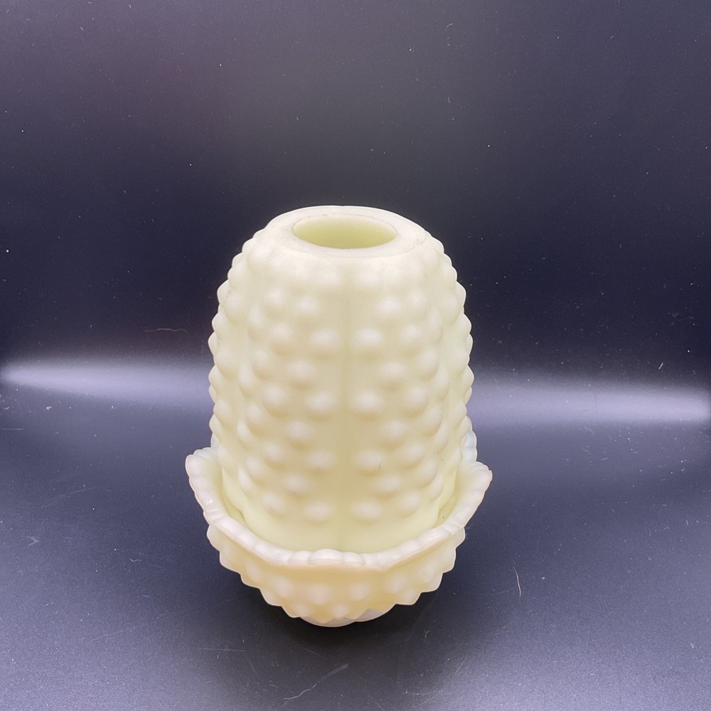 Fenton Hobnail Custard Satin Fairy Light Candle Holder Uranium Glow Glass