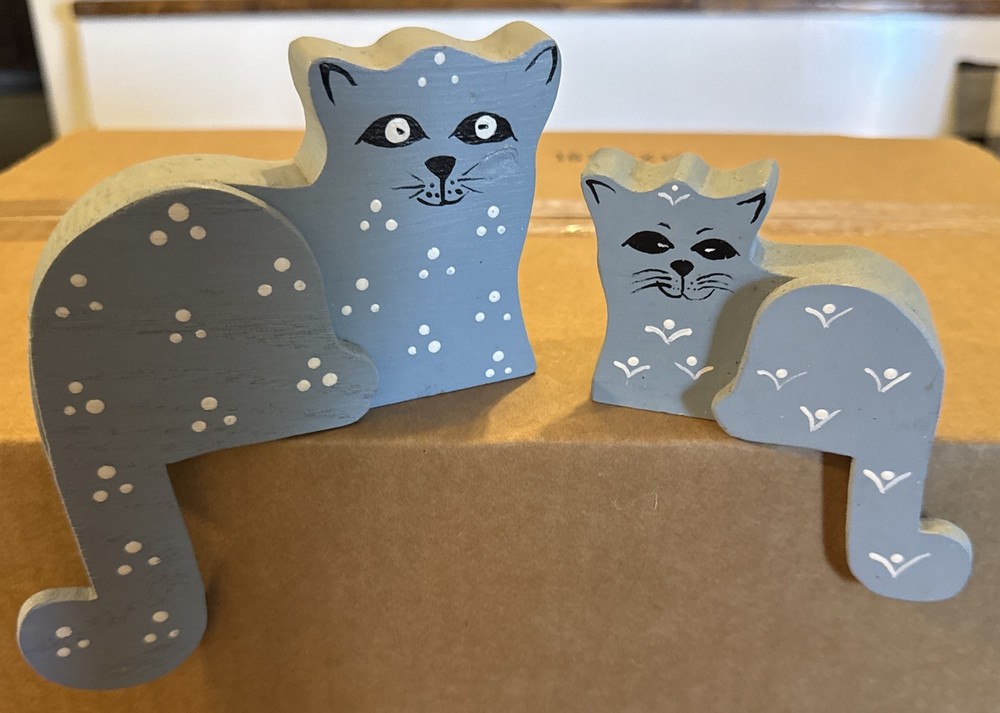 2- Vintage Style Hand Painted Wooden Cat Shelf Sitter Blue Folk Art Figurine’s