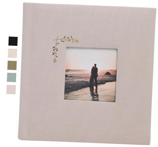 Elegant Linen Photo Album - 200 Acid-Free 200 pockets Taupe/Grey With Window-image