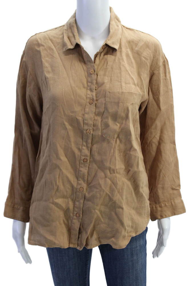 Stateside Womens Linen Collared Button Cuff Long Sleeve Blouse Top Brown Size XSFree Shipping in US $100+ Orders | $6.95 Orders Below