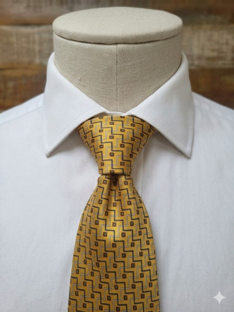 Hickey Freeman 100% Silk Tie Gold Blue Geometric Pattern Hand Sewn USA 58