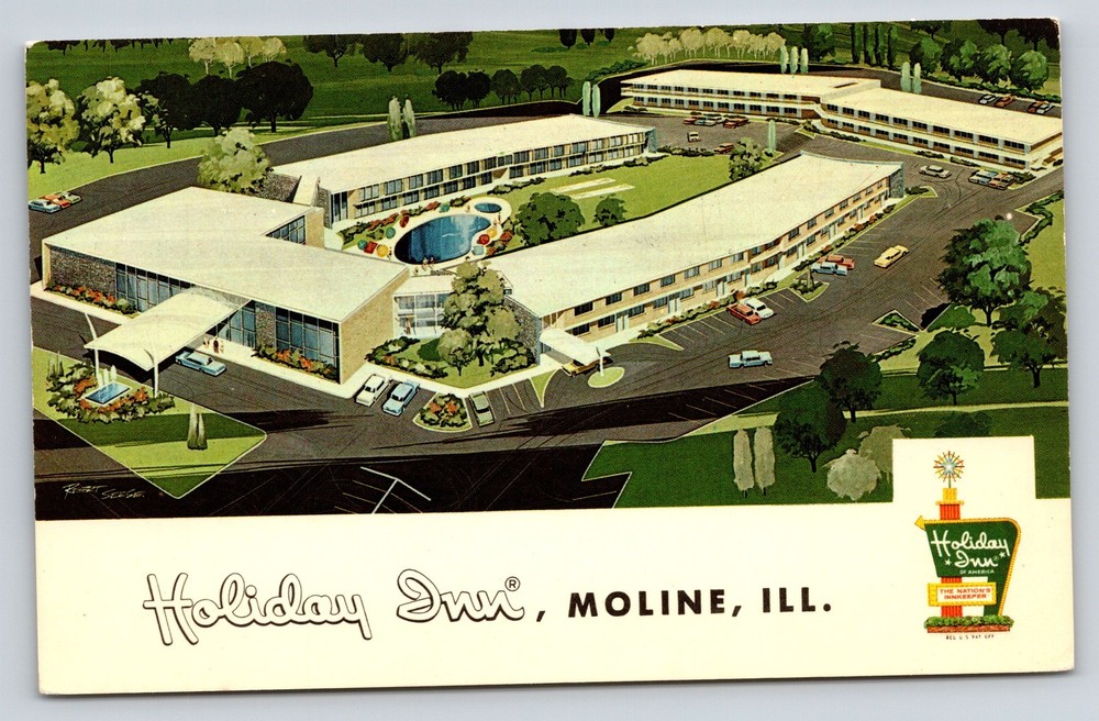 Artist Conception~Moline Illinois~Holiday Inn~Air View~Pool~Parking Lot~1950s PC