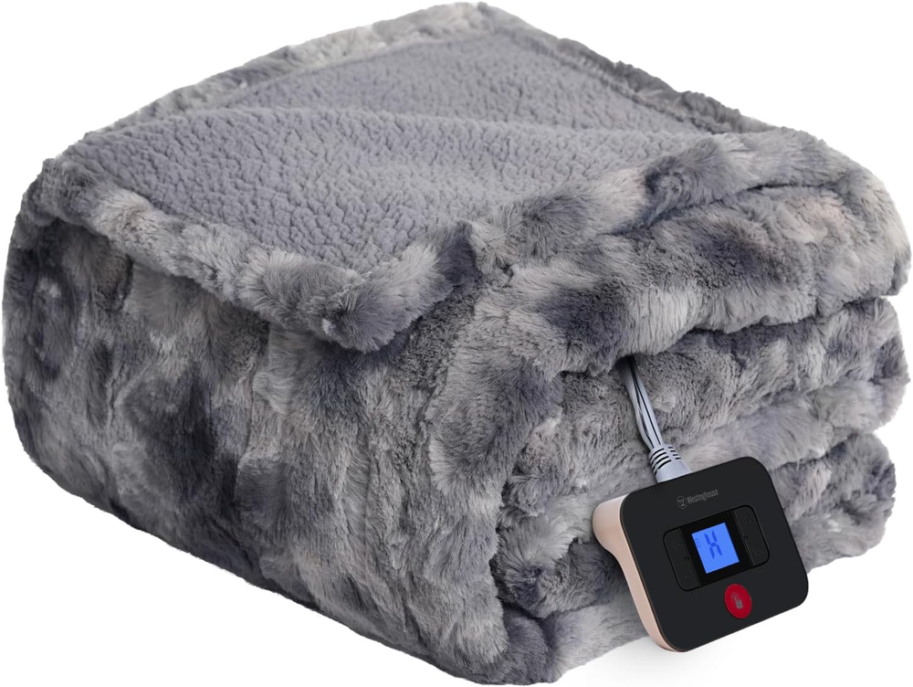 Electric Blanket Full, Faux Fur Heated Blanket with 10 Heating Levels & 1-12 Hou