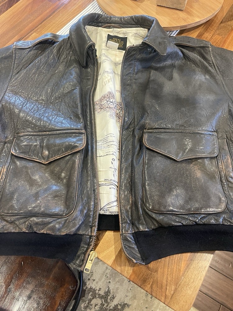 VTG Avirex Brown Leather Bomber Jacket, Silk Lining with map. Type-A2 Size MED