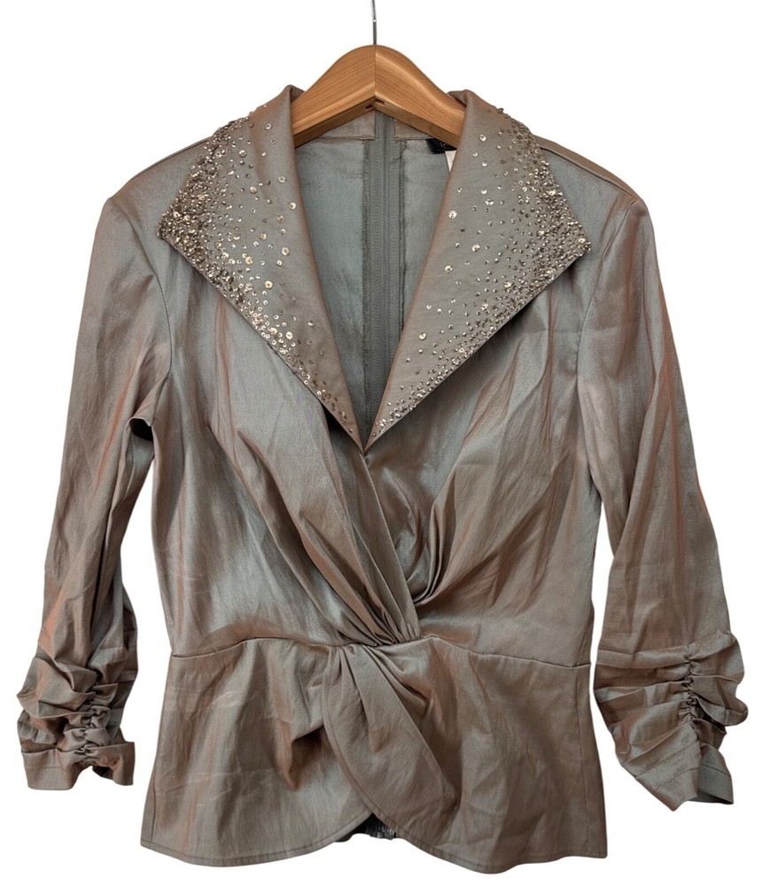 Vintage Tadashi Shoji Womens Top 10 Taupe Ruched Sequined Taffeta Designer Glam