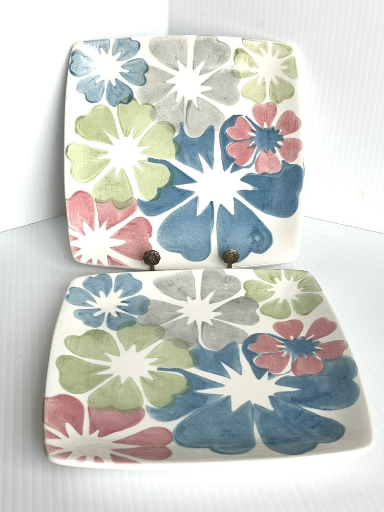 Two 8” Square PLATES Canterbury Pottery RETRO FLORAL Pastel  Stoneware Boho 2005