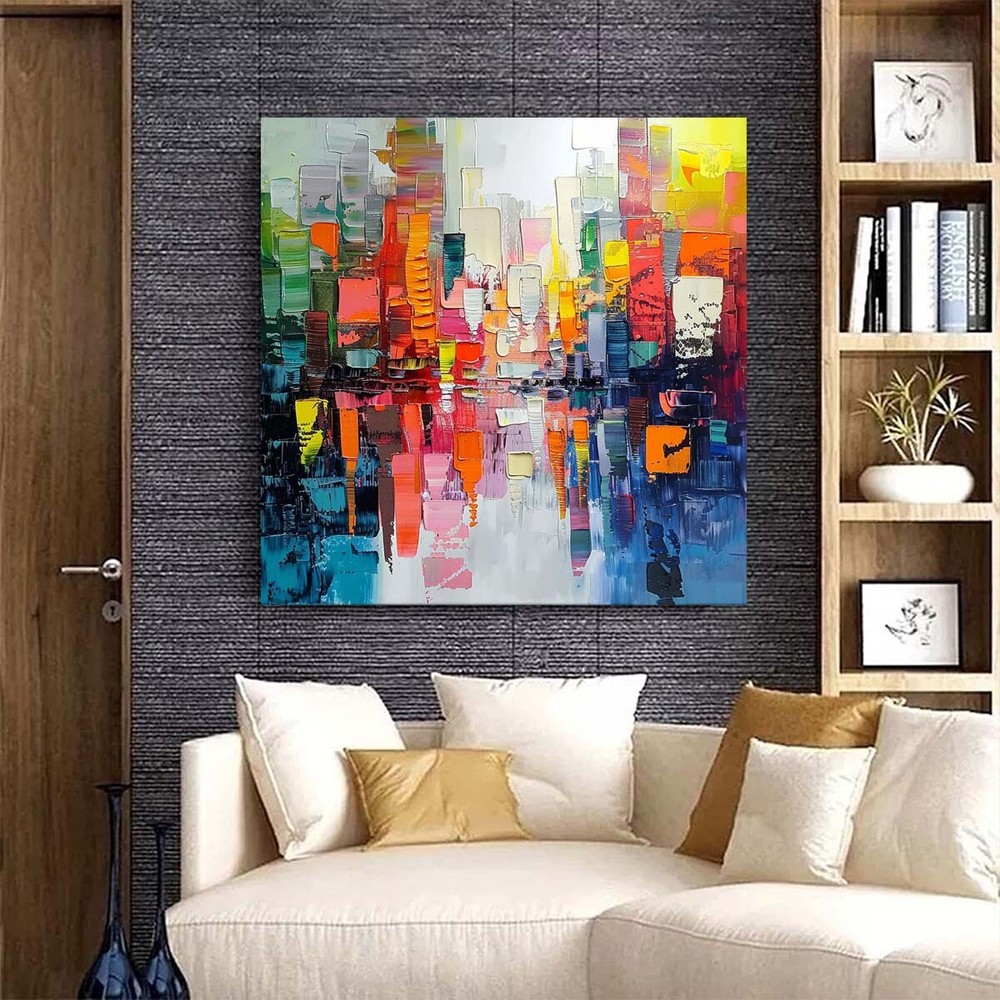 Hand-Painted Texture Oil Painting on Canvas Abstract Wall Art Deco Home red city