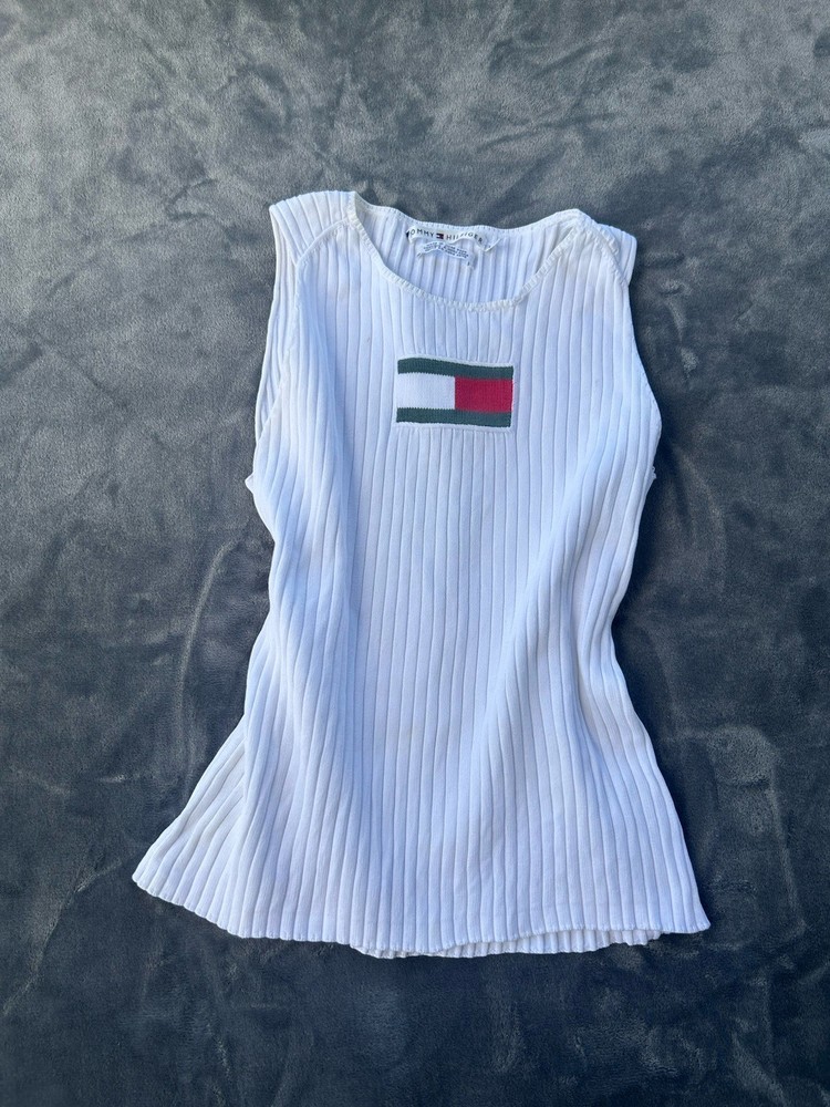 Vintage ribbed Tommy Hilfiger white tank top with logo, Size L #summer