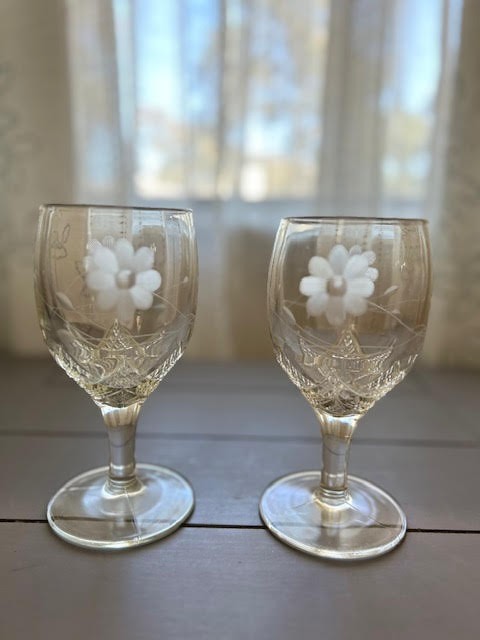 Vintage Pressed Glass Water Goblets Etched Floral Star Base Set of 2
