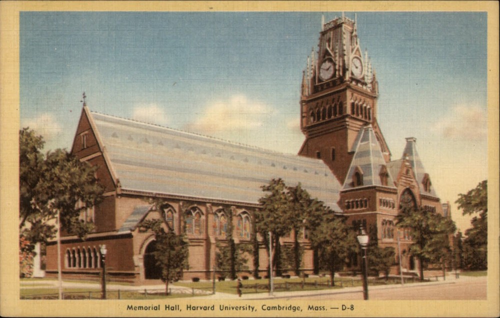 Cambridge MA Harvard University Memorial Hall unused vintage linen postcard