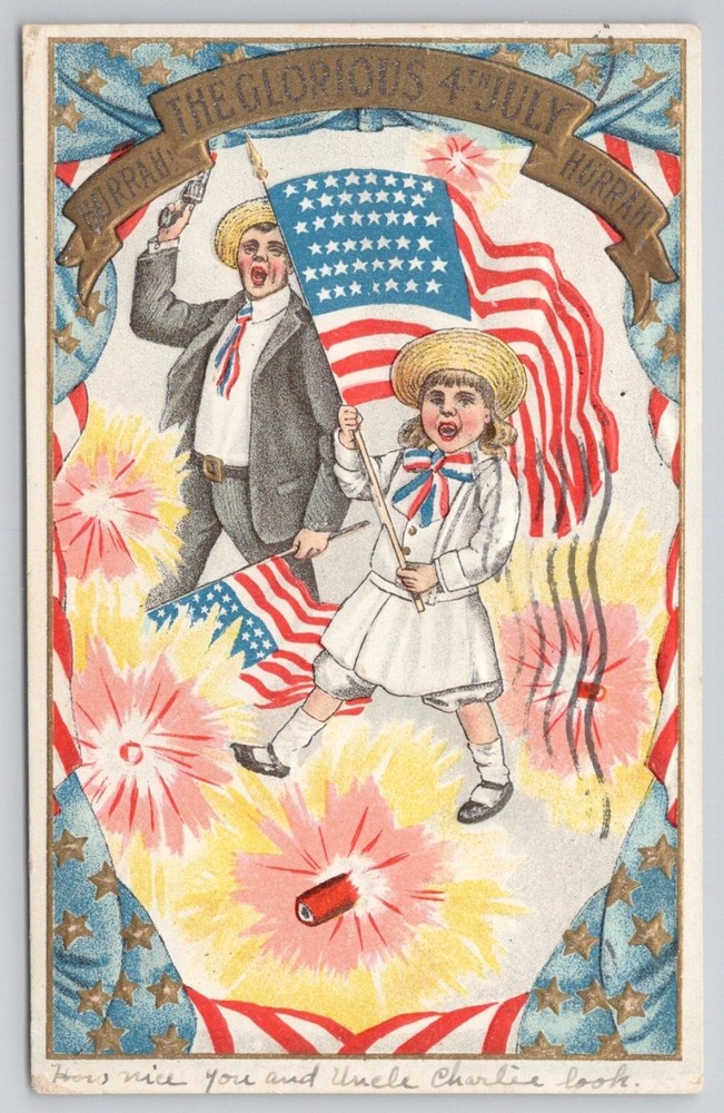 1908 4th of July Postcard Man Child Flags Fireworks Embossed Antique