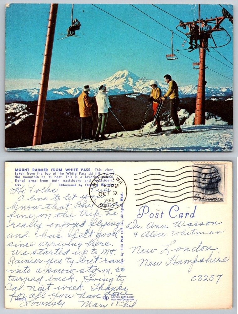 Vintage Mount Rainier White Pass Ski Lift Postcard 1968 Washington State