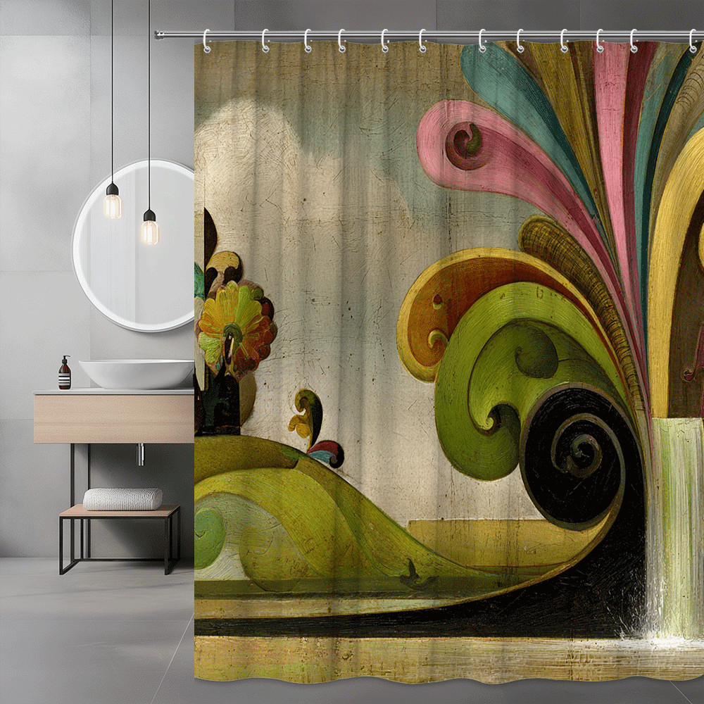 Abstract Floral Scroll Shower Curtain, Vintage Style Printed Design