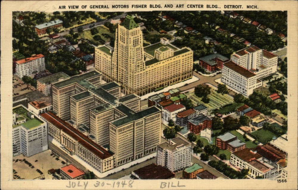 Michigan Detroit General Motors Fisher Bldg Art Center  dated 1948 linen sku545