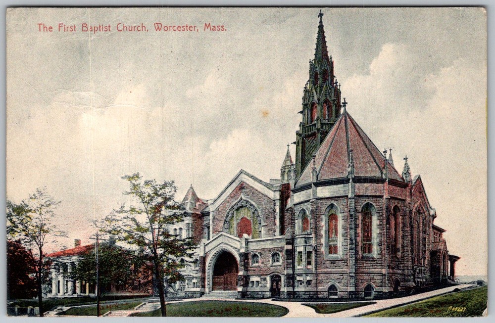 Antique Postcard First Baptist Church Gothic Worcester, MA 1910s