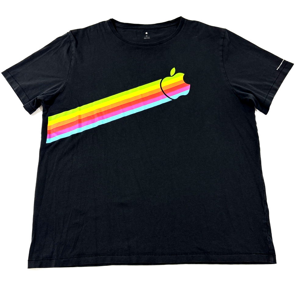 Apple Employee Black T-Shirt Shooting Rainbow Logo Retro Mens XL Staff Tee Shirt