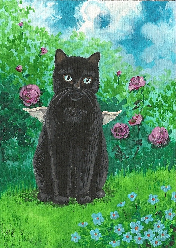5x7 PRINT OF PAINTING BLACK CAT ANGEL FAIRY FLOWERS ROSE garden folk art spring