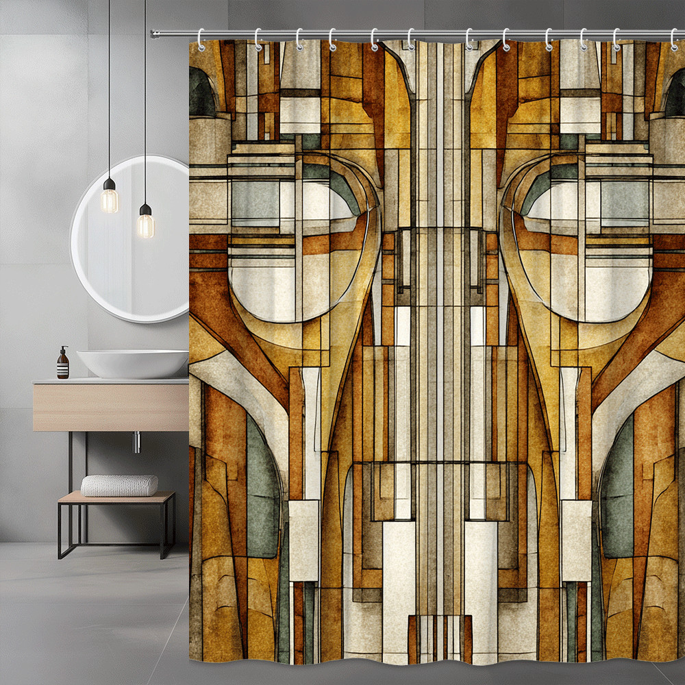 Abstract Geometric Shower Curtain in Brown Gold and Cream