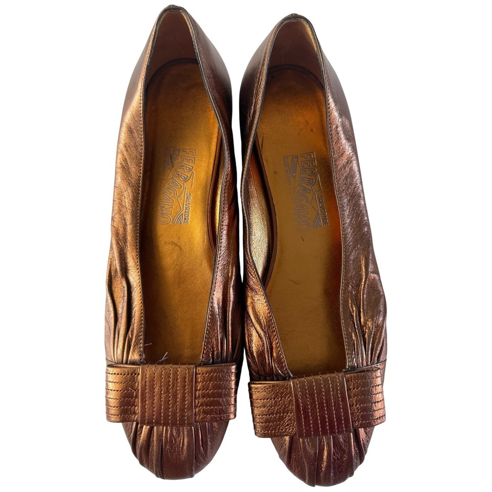 Salvatore Ferragamo Regale Bronze Ballerina Flats Womens Size 10 Leather Bow