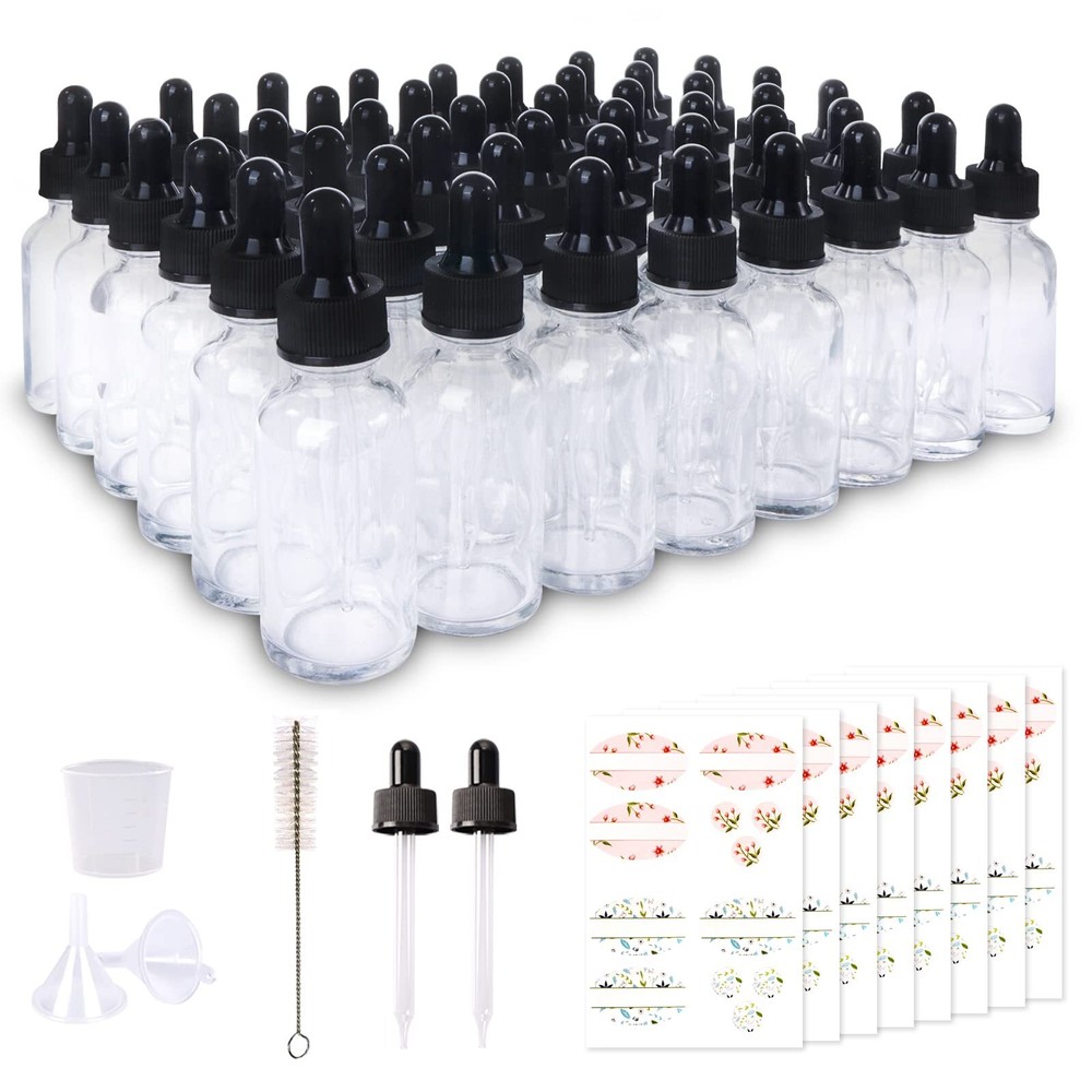 48 Pack 1oz Clear Glass Bottles with Glass Eye Droppers for Essential Oils, P...
