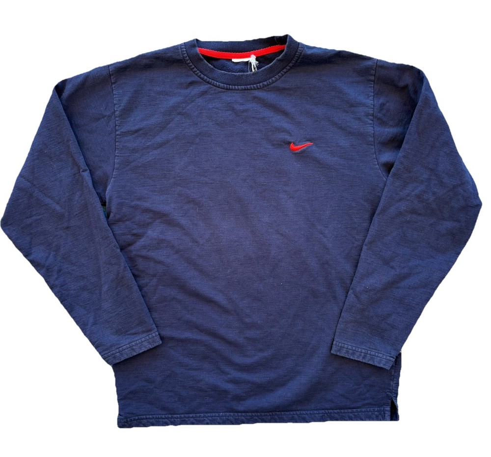 VTG Nike Navy Cotton Crew Neck Sweatshirt Swoosh Classic Red Logo Small WORN